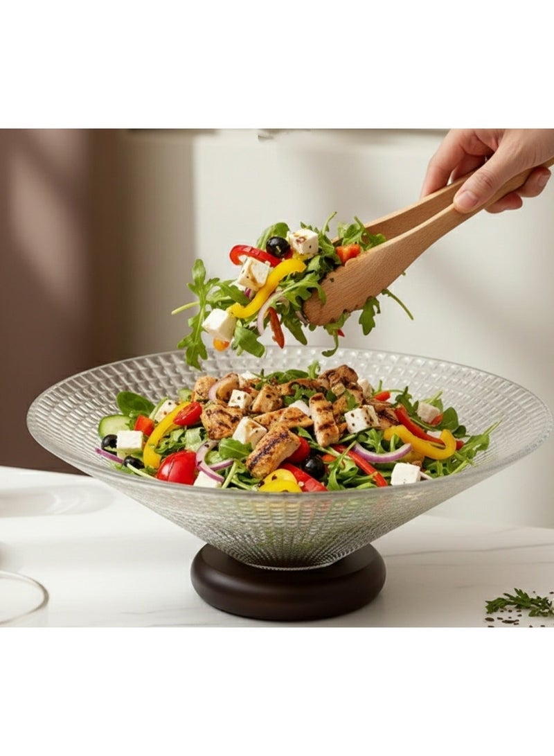 Large Glass Salad & Fruit Bowl with Walnut Wood Pedestal - 10" Elegant Crystal Centerpiece Bowl for Serving, Modern Trifle Bowl for Kitchen Counter, Party & Holiday Tablescape - Image 1